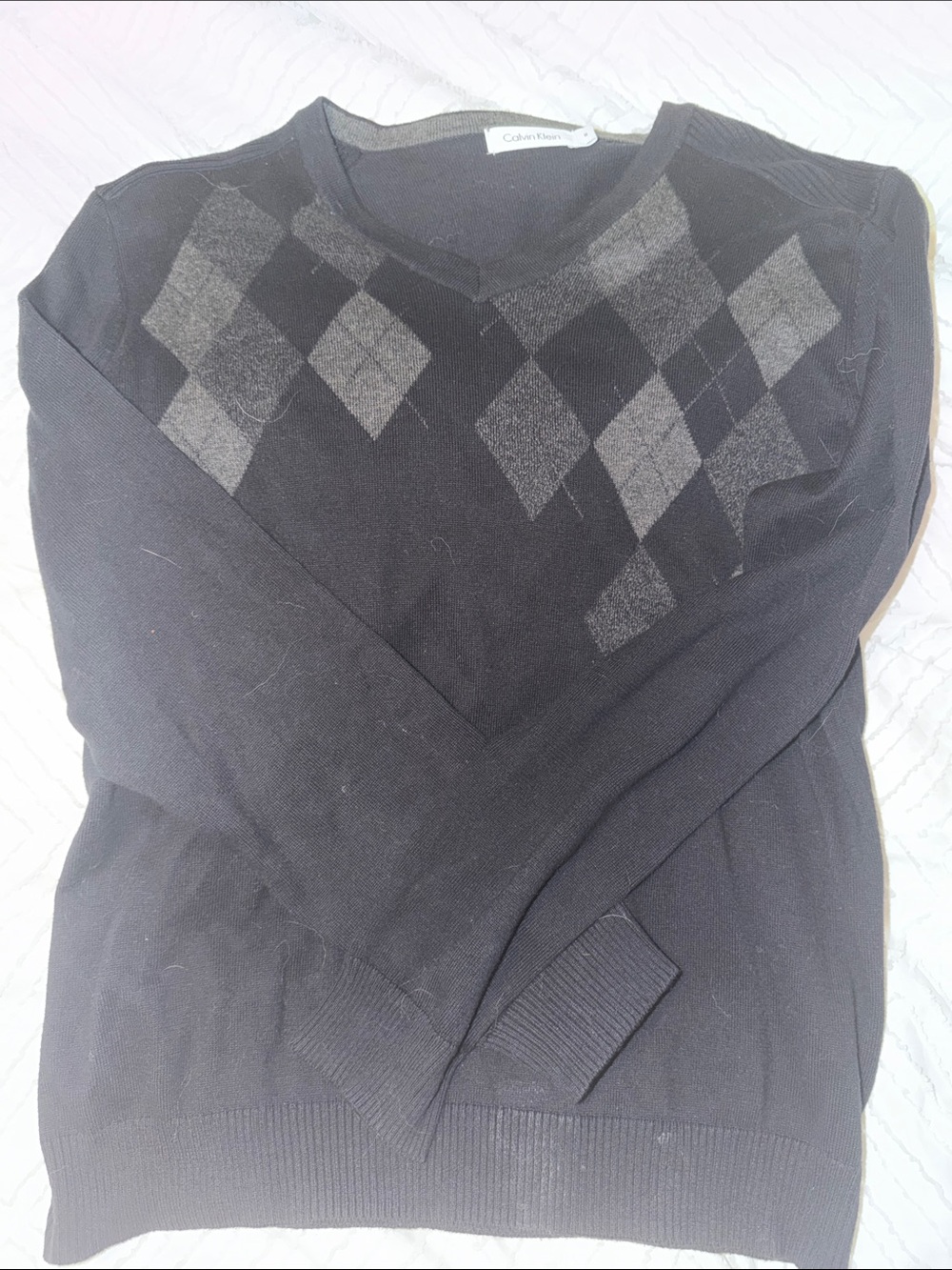 Calvin Klein Black V-Neck Argyle Sweater with Gray Diamonds